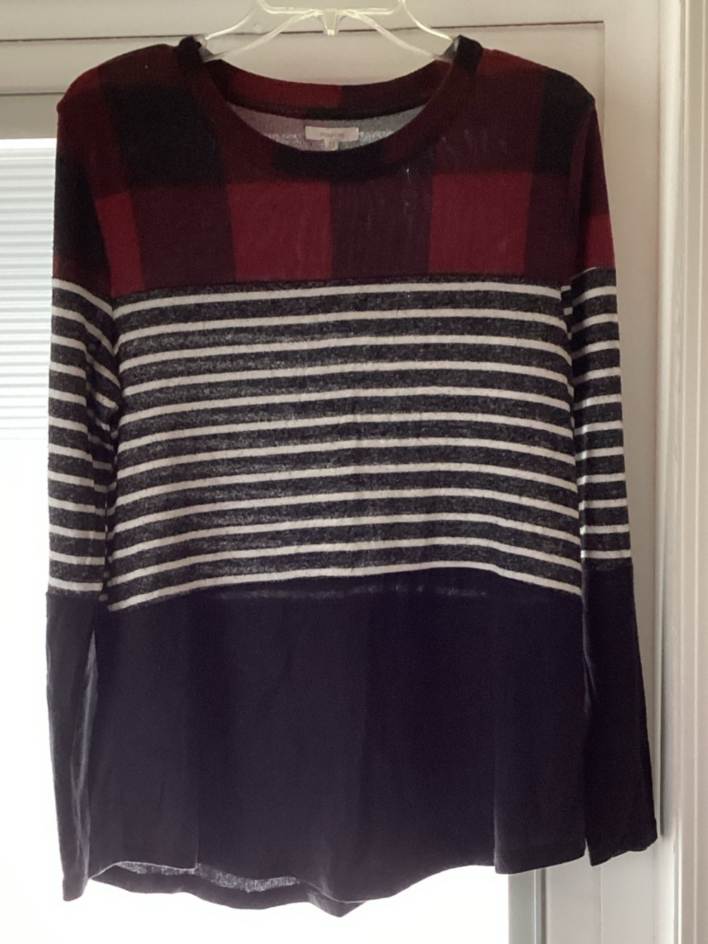 Striped & Plaid Long Sleeve Knit Top - Red, Black, White